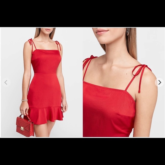 Tie shoulder ruffle hem fit and flare dress from Express - Picture 1 of 5